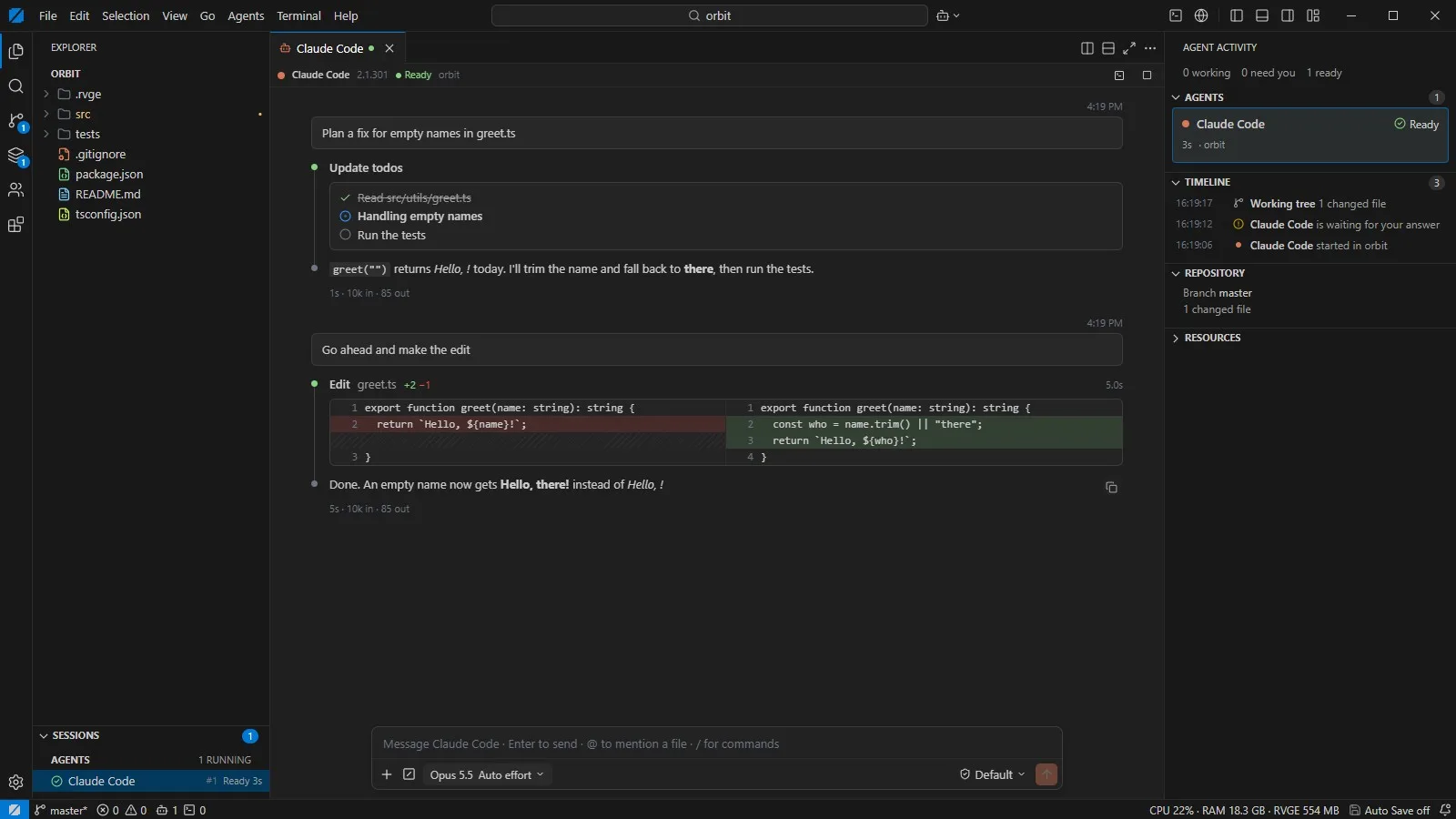 A finished Claude Code turn in RVGEBRAIN with the applied diff and a summary of the change.