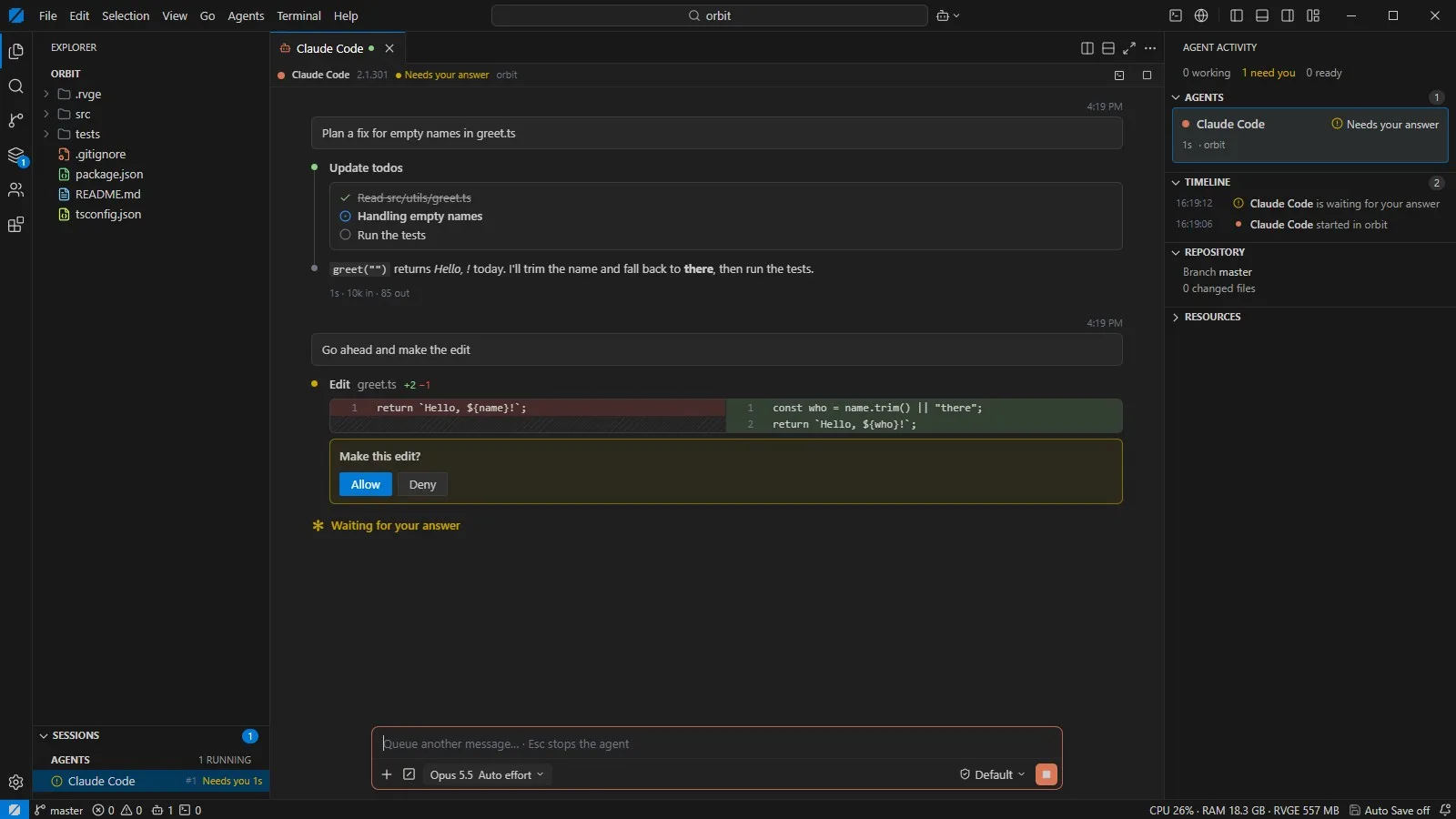 Claude Code chat view in RVGEBRAIN showing a to-do list, a side-by-side diff and a "Make this edit?" card with Allow and Deny buttons.