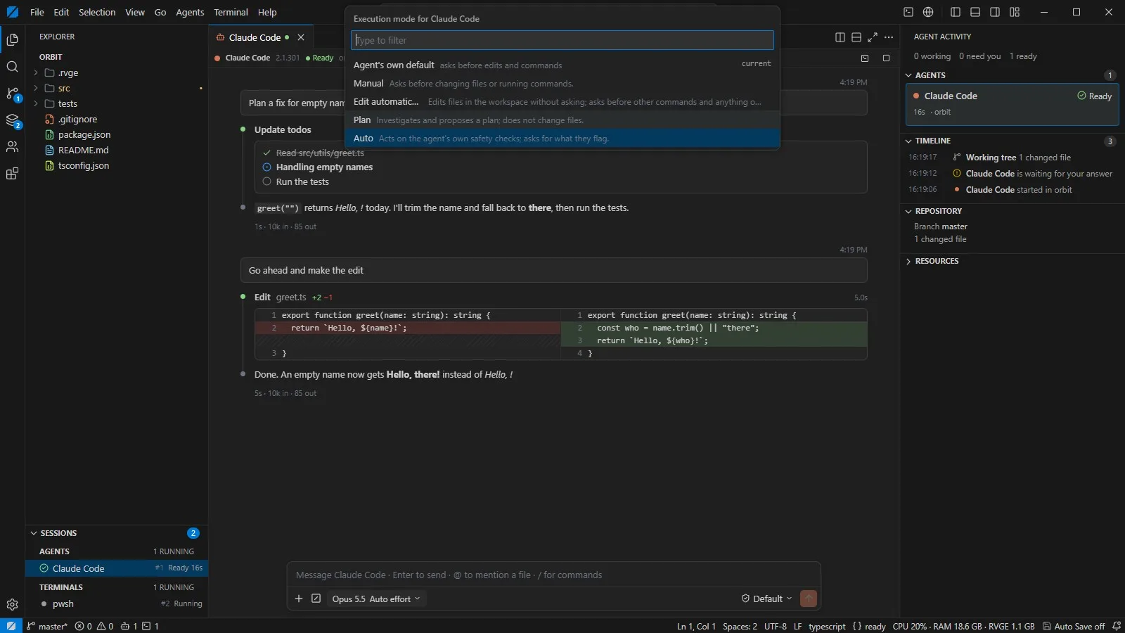 The RVGEBRAIN composer with the execution mode menu open: Default, Manual, Edit automatically, Plan and Auto.