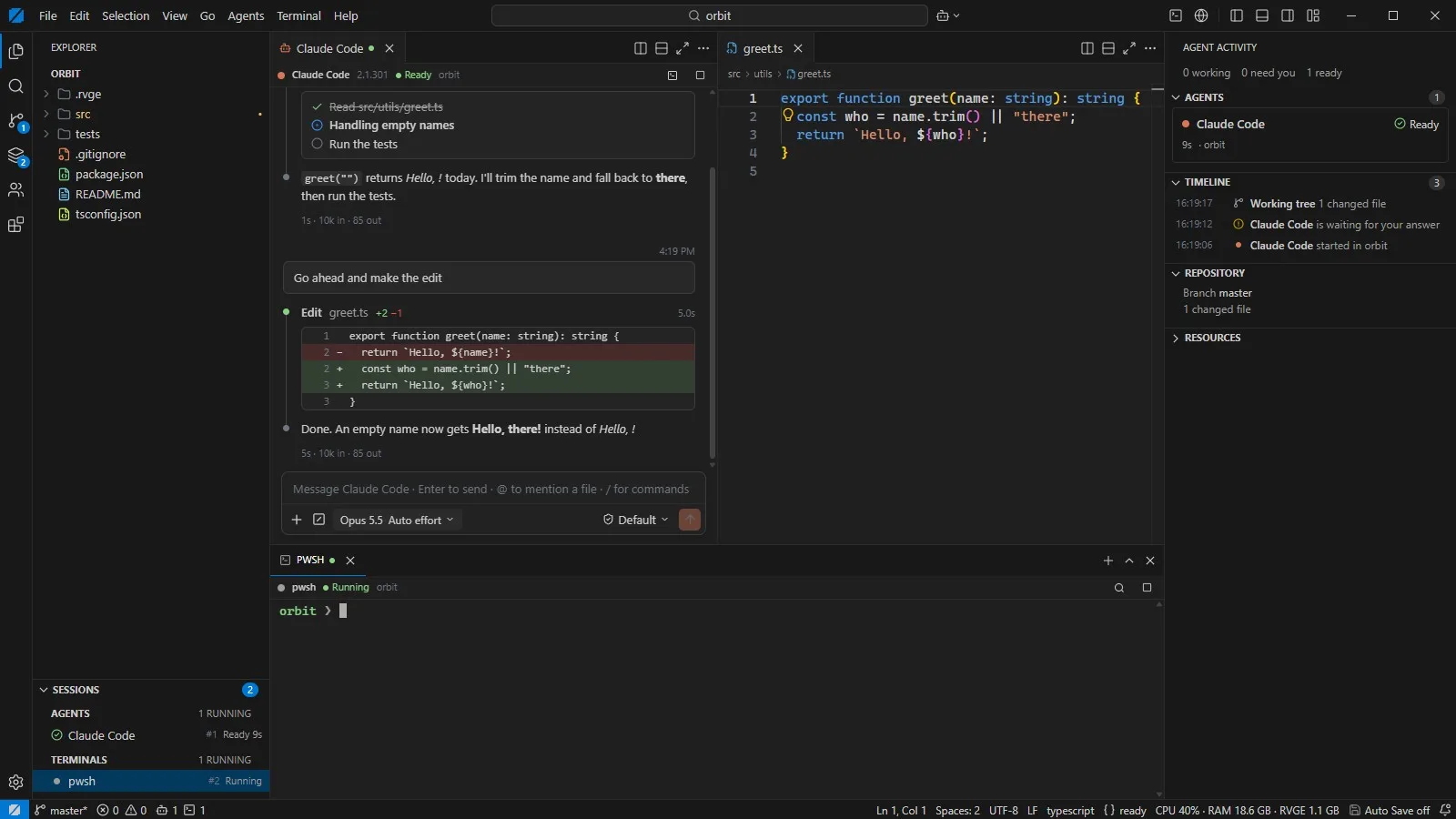 RVGEBRAIN with the Claude Code chat next to a Monaco editor tab and a PowerShell terminal.
