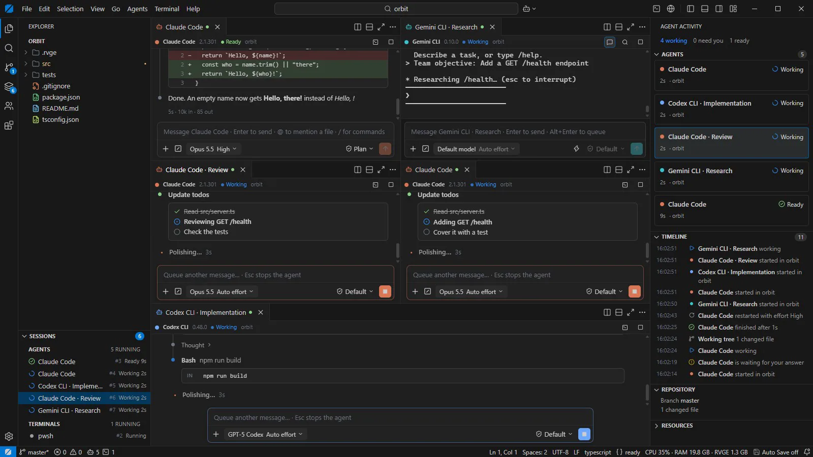 RVGEBRAIN with five agent panes: three Claude Code chat views, a Gemini CLI terminal and a Codex CLI chat, with the Agent Activity bar and its timeline on the right.