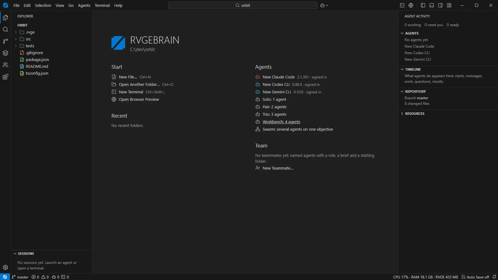 RVGEBRAIN welcome page listing detected agents and the launch presets Solo, Pair, Trio, Workbench and Swarm.